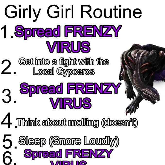 GIRLY GIRL ROUTINE
1. SPREAD FRENZY VIRUS
2. GET INTO A FIGHT WITH THE LOCAL GYPCEROS
3. SPREAD FRENZY VIRUS
4. THINK ABOUT MOLTING (DOESN'T)
5. SLEEP (SNORE LOUDLY)
6. SPREAD FRENZY VIRUS
picture of gore magala along the side