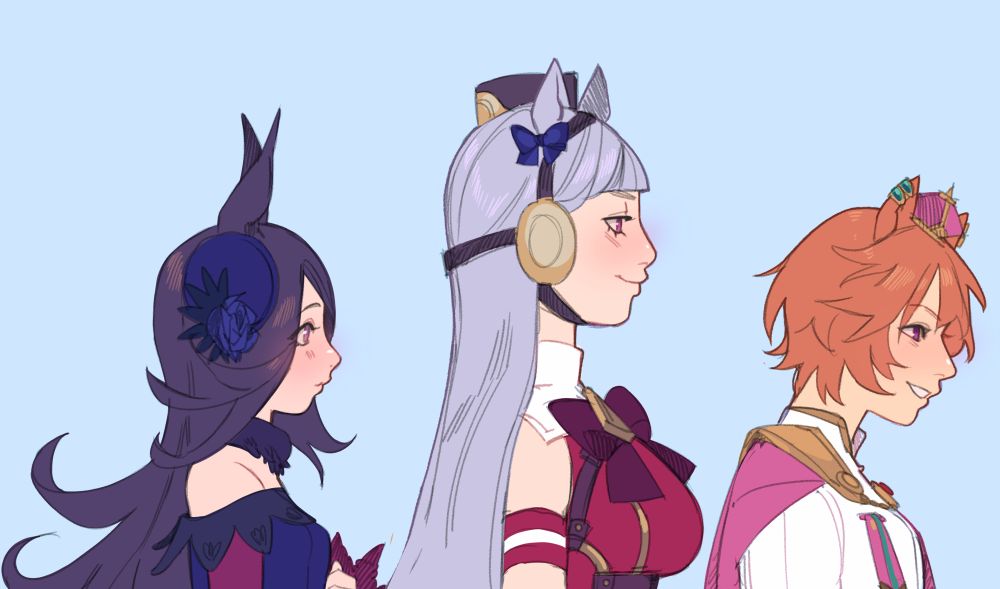 Uma musume fanart, a profile view showing the different designs of rice shower, gold ship, and tm opera o standing in a row 