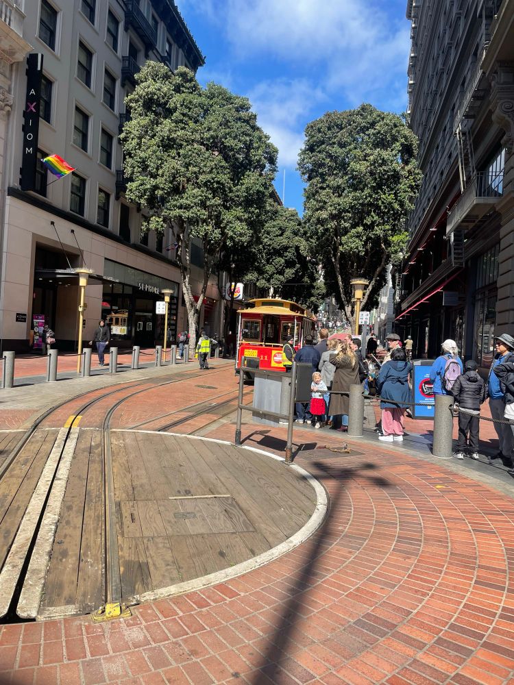 A line of people waiting for the cable car on Powel Street in San Francisco 