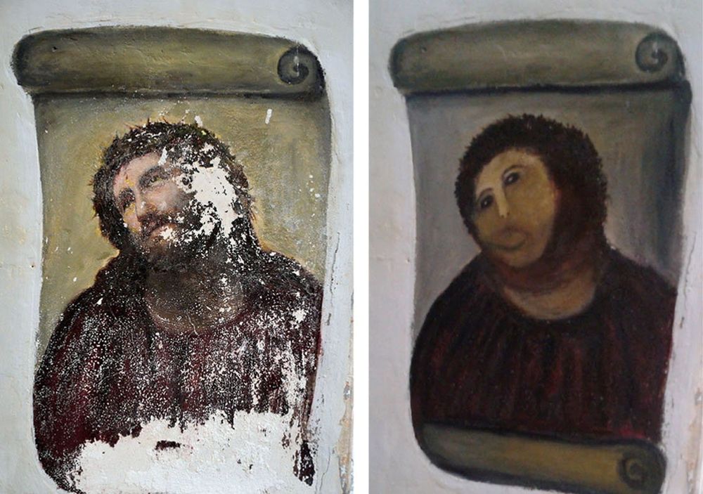 A painting of Jesus from a church in Europe before and after it was 'restored' by an aesthetically challenged parishioner 
