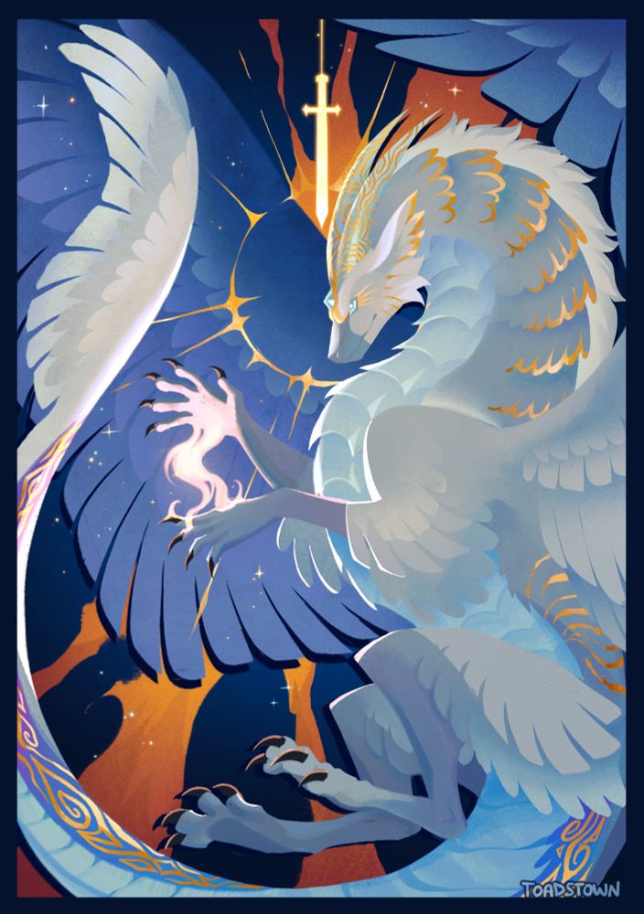 A 2D painted illustration in the style of a tarot card depicting a white, feathered dragon with golden markings. She is rearing up with outstretched arms, whisps of magic flowing between them. Behind her head is a radiant halo of gold, and right above, is the glowing sword of Damocles. The background is dark and astral, with ribbons of orange streaking out through the center.