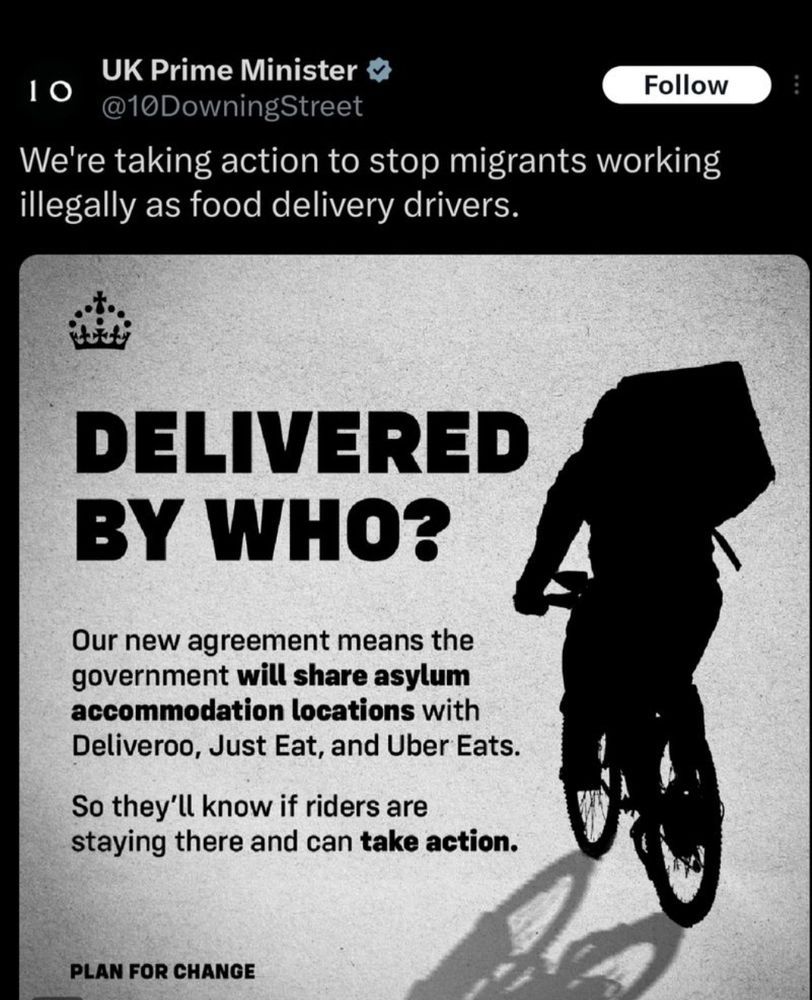 UK Prime Minister ad suggesting that on-demand delivery riders are working illegally. Image of a rider in black shade with text: Delivered by who?