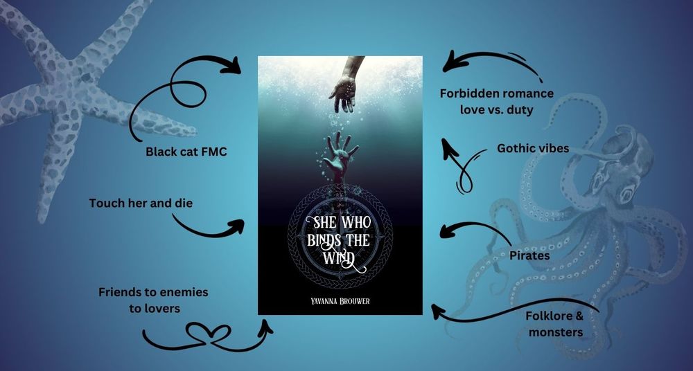 Tropes: black cat FMC, touch her and die, friends to enemies to lovers, forbidden romance, love vs duty, gothic vibes, pirates, folklore & monsters-- all against a gradient background with a watercolour starfish and octopus.