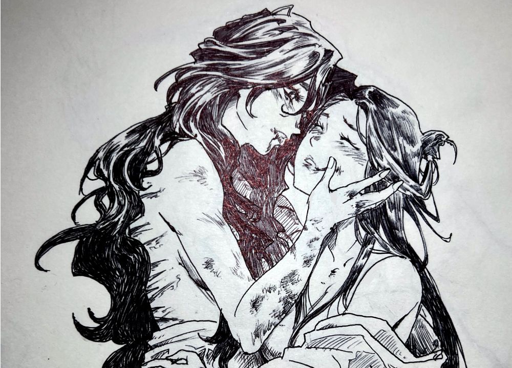 ballpoint pen sketch of binghe, who is covered in bruises with a bloodied lip, holding shen yuan's face and looking at her very lovingly (yandere mode.) shen yuan is flustered and disheveled. 