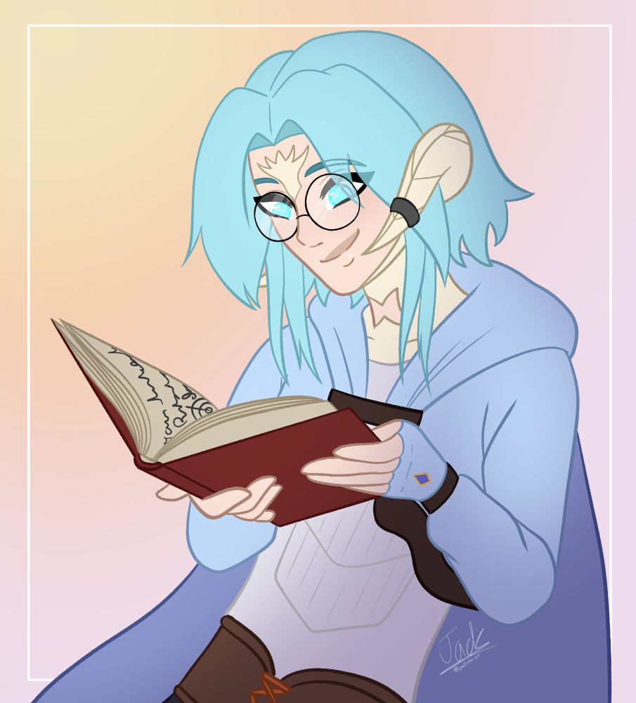 A drawing of a Raen Au Ra dressed in blue with blue hair and glasses reading a book. The person has a happy smile on their face!