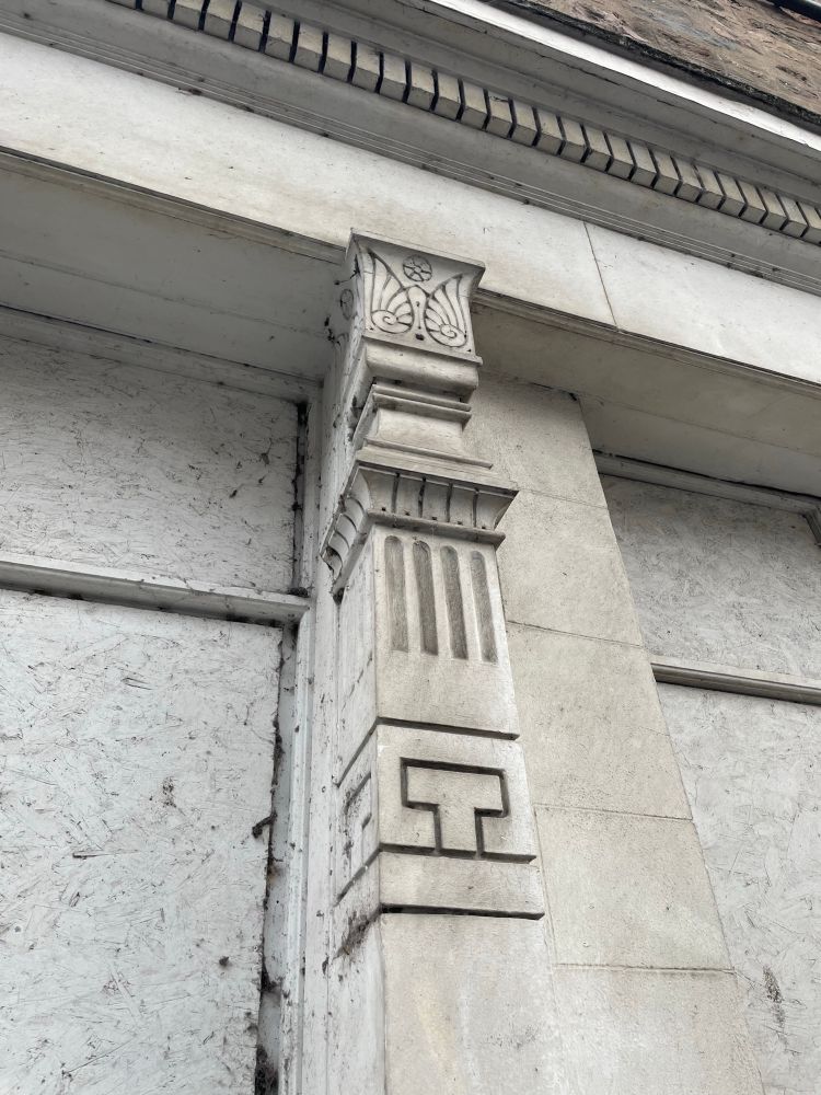 The top of a pilaster, in a design similar to those by the Scottish architect Alexander ’Greek’ Thompson. 