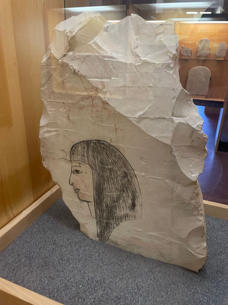 The 4000-year-old students practice drawing, of a head on a piece of limestone