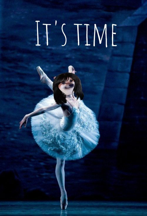Ballerina on point doing an arabesque in a Swan Lake costume with a poorly done photoshop of a NAFO Fella head (Shiba inu) in a black longhaired wig in place of the ballerina’s face with the text It’s Time. Reference to the end of the USSR in 1991 when Swan Lake was shown nonstop on Soviet state TV. Now you know. Some of us lived through it. 