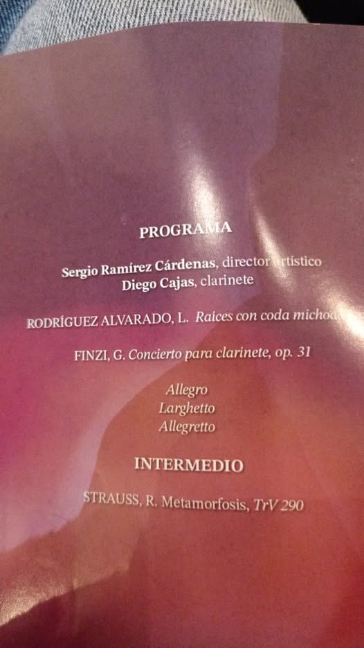 PROGRAMA

Sergio Ramírez Cárdenas, director artístico 
Diego Cajas, clarinete

RODRÍGUEZ ALVARADO, L. Raices con coda michoacana
FINZI, G. Concierto para clarinete, op. 31
Allegro Larghetto Allegretto

INTERMEDIO

STRAUSS, R. Metamorfosis, TrV 290