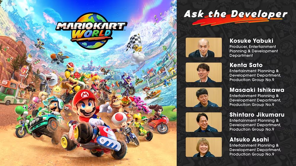 Image showing Mario Kart World logo, and promotional render, alongside 5 of the game's key developers.