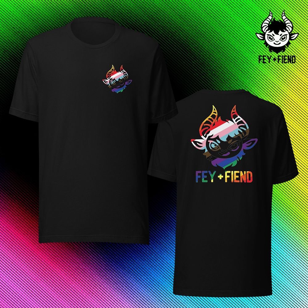 F+F Pride collection shot featuring black logo shirt with progressive rainbow black aesthetic for logo on front and larger on back with brand text