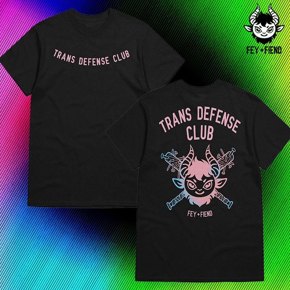 F+F Pride collection shot featuring Trans defense club black shirt with text on front and logo with the bats with nails on the back