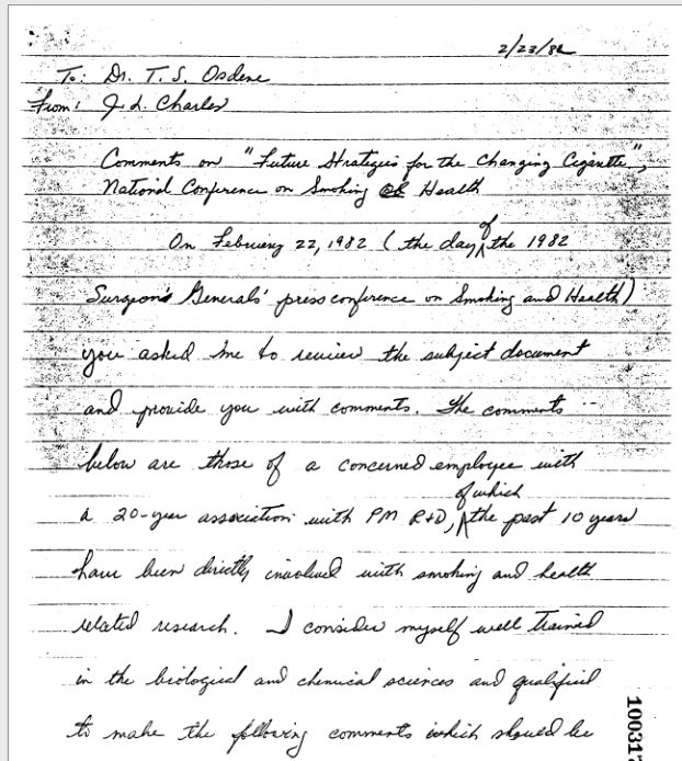 Handwritten 1982 memo from J Charles to TS Osdene at Philip Morris with subject line "Comments on 'Future Strategies for the Changing Cigarette' National Conference on Smoking OR Health" Available at: http://bit.ly/40PyN8j
