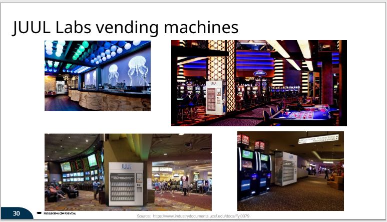 Slide from a Juul Labs presentation on partnering with Tribal Nations.  Photos on the slide show Juul ecigarette vending machines in casinos and other venues - https://www.industrydocuments.ucsf.edu/tobacco/docs/#id=ffyj0379