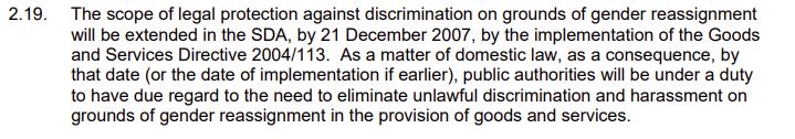 Text excerpt detailing legal protection against gender reassignment discrimination. Public authorities must eliminate discrimination by December 2007.