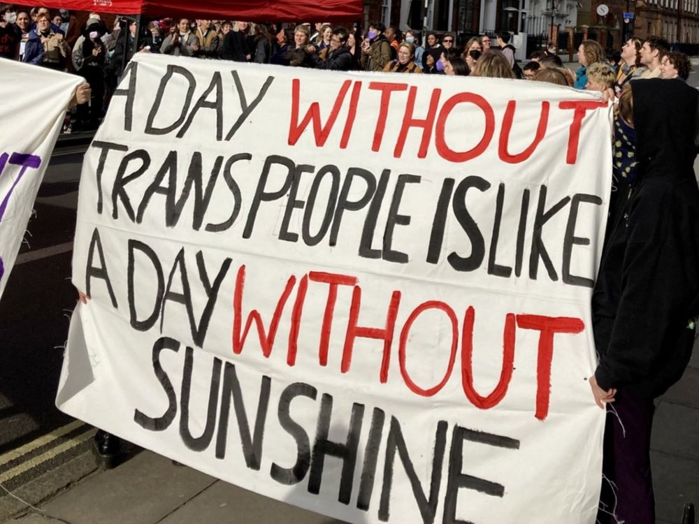Photograph of a crowd of people holding a banner that reads, "A DAY WITHOUT TRANS PEOPLE IS LIKE A DAY WITHOUT SUNSHINE."