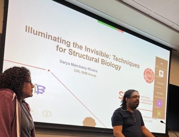 Two scientists with a presentation about structural biology
