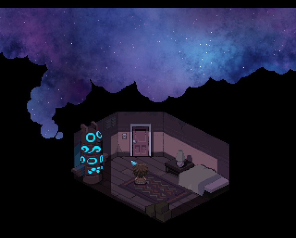 Minnatsuki from Collective Unconscious sits in their room. The totem is lit, and they are wearing a blue party hat.
