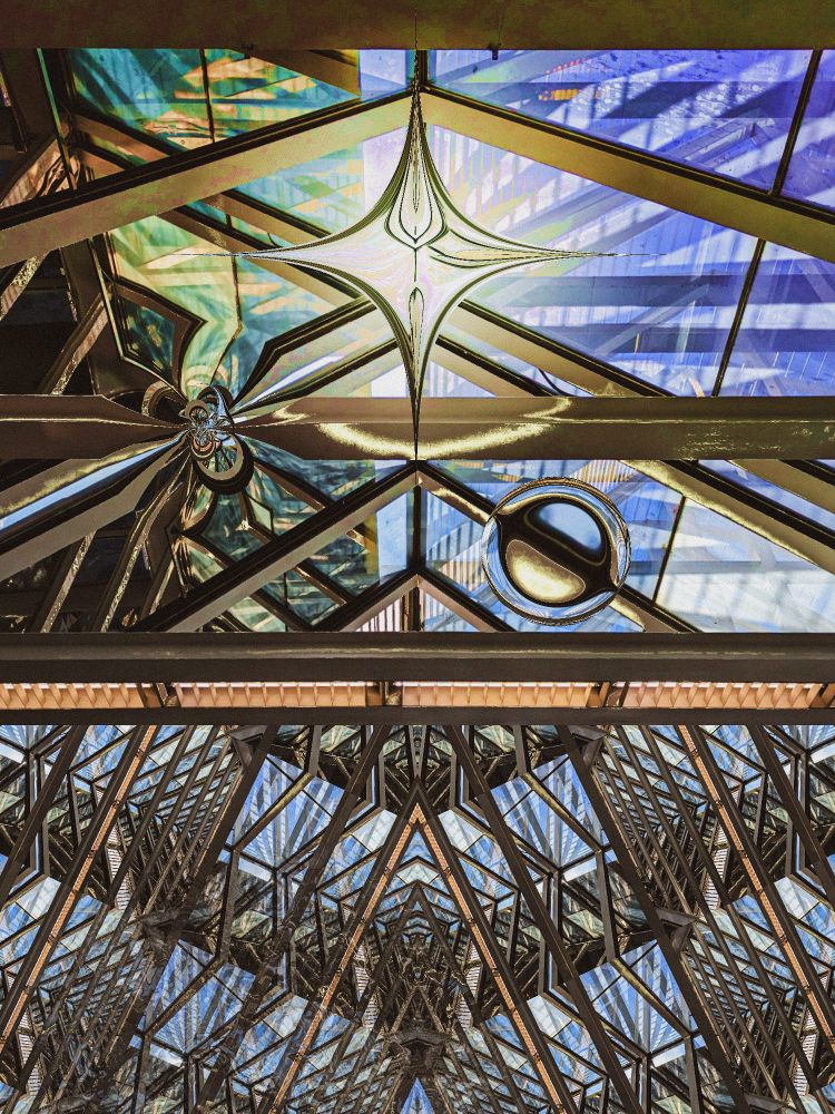 Photo of an glass roof, which has been vaporwavified into geometry book cover art level of abstraction. 