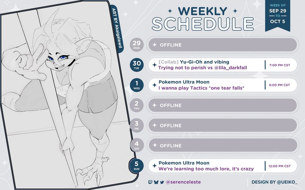 My twitch stream schedule for the upcoming week!