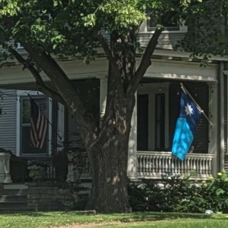 A front porch in Saint Paul, MN, Flying on the camera's right is a Minnesota state flag. On the left of the porch is a flag of the United States. In front is a large tree.