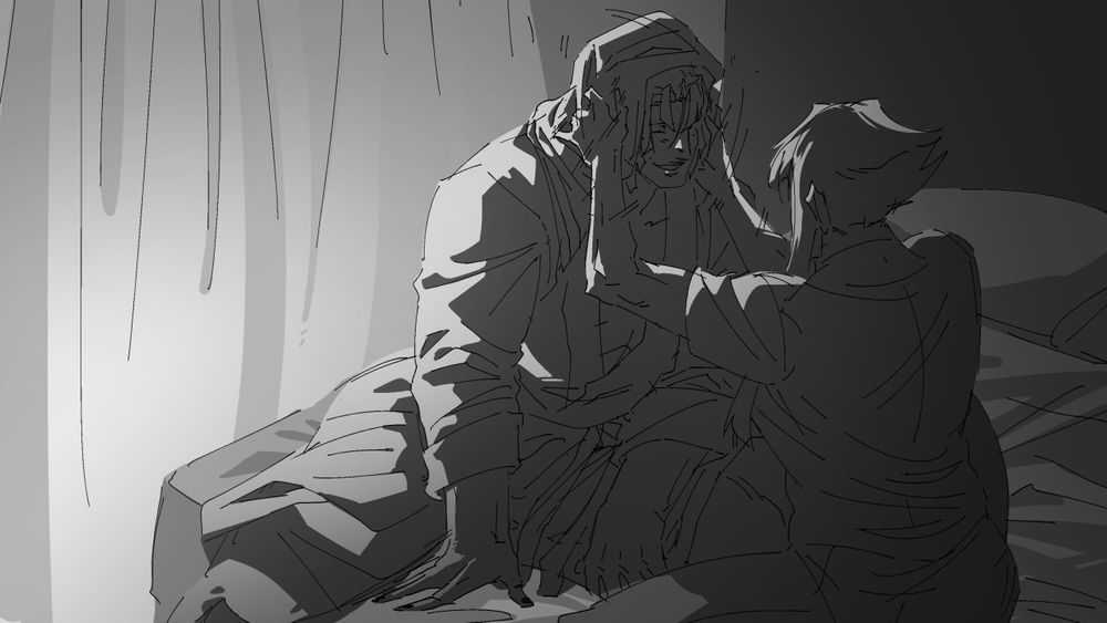 Sketch of Marisa and Manon in a hotel together. Marisa is in a bathrobe smiling and getting her hair wiped by a towel by Manon who is in casual clothes.