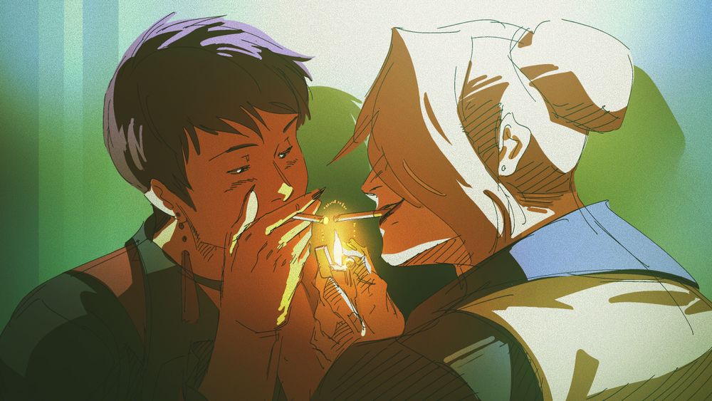 Vice and Mature from SNK's King of Fighters series. They're both lighting a cigarette off the same lighter that Mature is holding. Vice has her hand over her mouth while Mature is smiling.