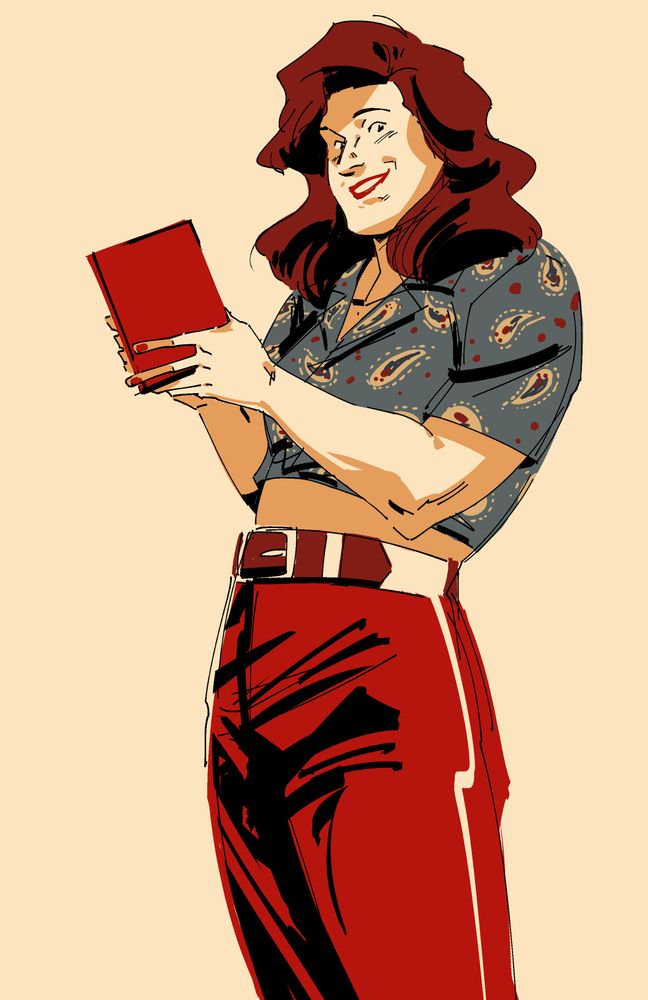 Coloured sketch of Greta. She's holding a red book and smiling at the viewer.