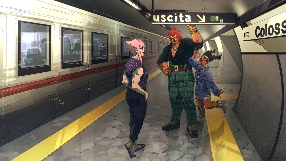 Manon, Marisa, and Lily from Street Fighter 6 hanging out in the Colosseo metro together as a train behind them passes by. Marisa is touching the sign over her head while Lily is reaching up and mimicking Marisa's pose. Manon is smiling at the both of them.