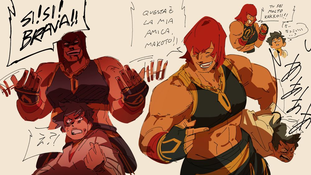 Coloured sketches of Marisa and Makoto from Street Fighter interacting. Marisa is speaking in Italian and Makoto is speaking in Japanese.