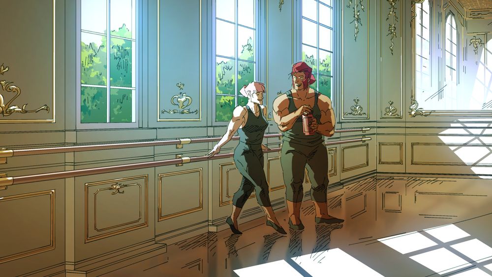 Manon and Marisa from Street Fighter 6 in dance wear taking a break in a ballet studio. The studio has a rococo style influence and windows are leaving shadows on the ground of the interior. Marisa is holding a water bottle in mid conversation while Manon is standing on her toes and smiling.