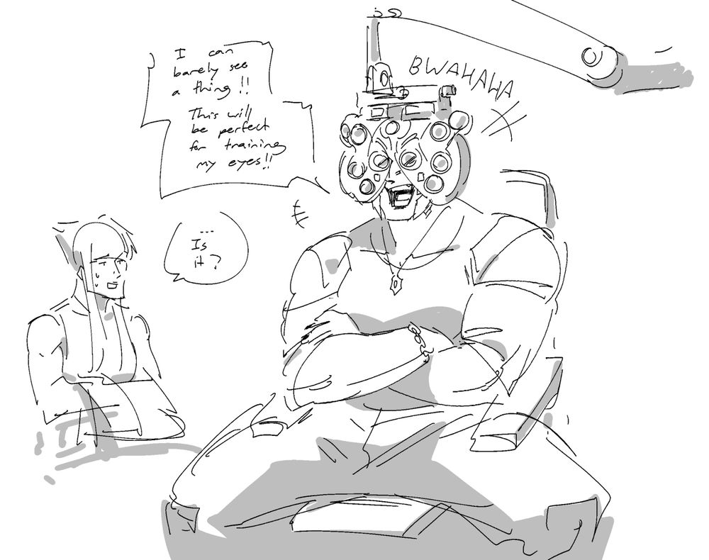 Marisa and Manon from Street Fighter 6 at the optometrist together. Marisa is having fun with the machine while Manon is perplexed. Ask for text transcript.