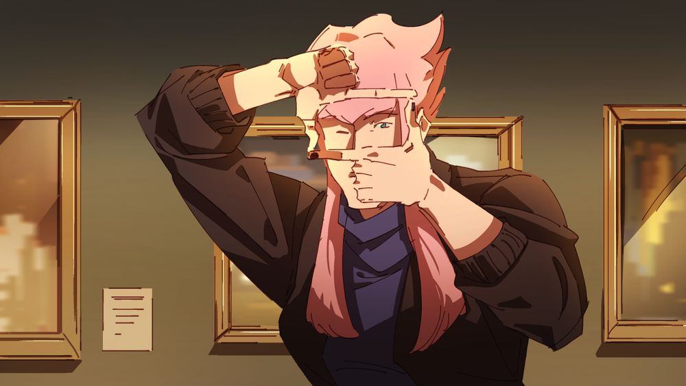 Manon from Street Fighter 6 doing the finger frames pose with her hands. Behind her is a gallery of paintings.