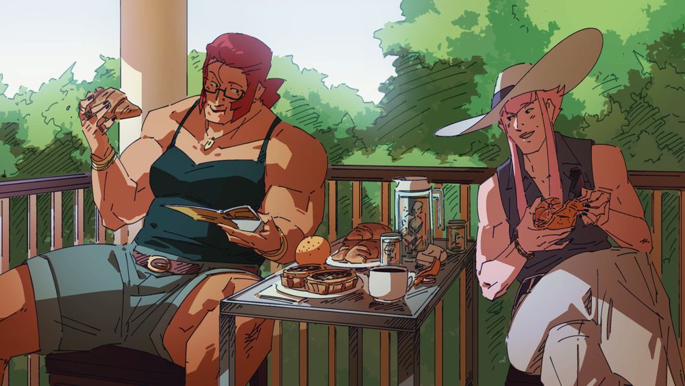 Marisa and Manon from Street Fighter 6 enjoying some fruits and pastries together outside. Marisa is reading a magazine while holding a croissant and sitting sprawled back. Manon is peeling an orange while sitting with her legs crossed over.