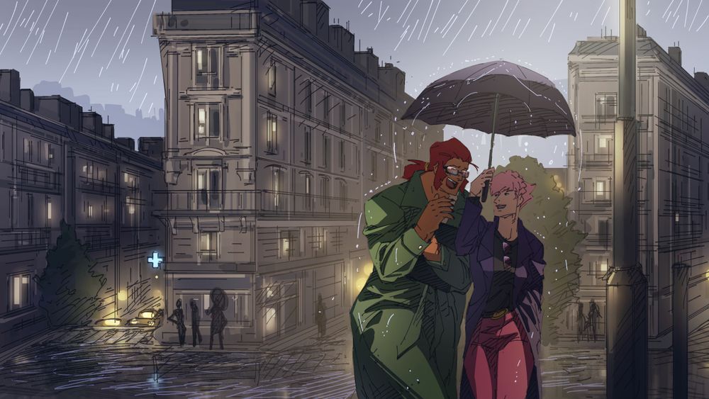 Marisa and Manon from Street Fighter 6 walking in a city street scene. The buildings resemble French streets and Manon is putting a umbrella over the both of them while Marisa leans into Manon.