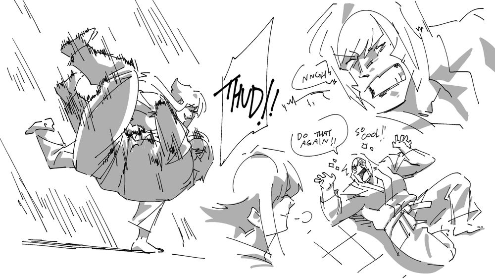 Various sketches of Manon and Marisa doing judo together. Manon is happily throwing Marisa down who is excited to do it again. Ask for text transcript.