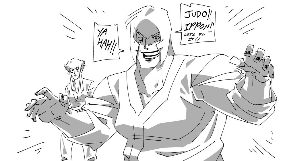 Marisa and Manon from Street Fighter 6 both wearing judo gis. Marisa is posing excited to do some judo yelling "YAHAH!!" "JUDO!! IPPON!! LET'S DO IT!!" Manon is smiling towards Marisa in the background.