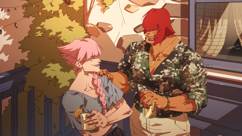 Manon and Marisa from Street Fighter 6 chatting and relaxing outside. They are both smiling at each other wearing casual clothes with both of them holding a glass of ouzo.