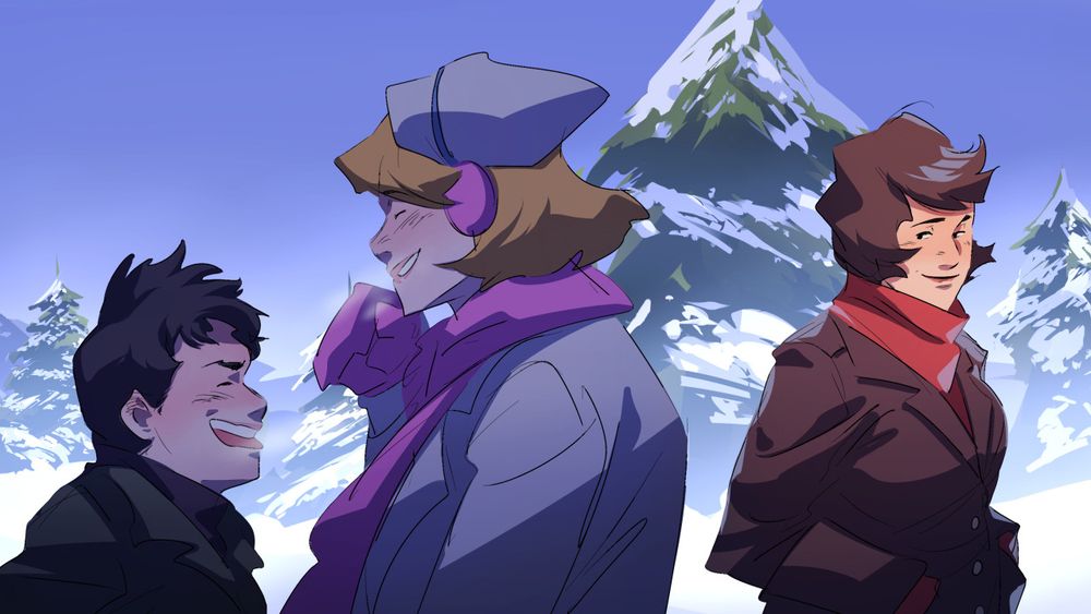 Miss Secondopinionson looking over at Nurse Bendy and Joe. She is smiling softly as they are having fun with snow covered trees in the background.