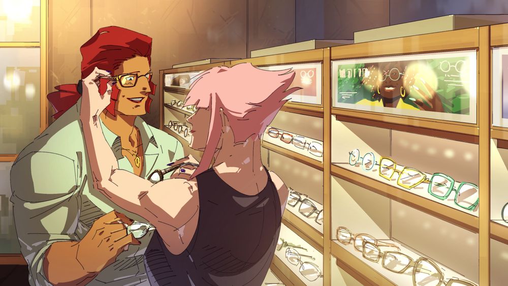 Marisa and Manon from Street Fighter 6 glasses shopping together. Manon is putting on glasses on Marisa who is smiling.