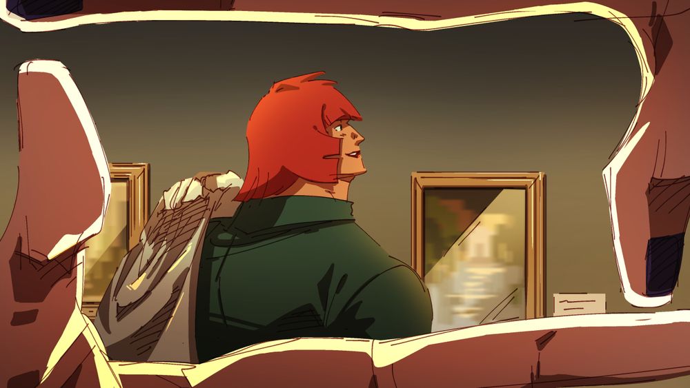 First person view of Marisa from Street Fighter 6 in a museum looking at various paintings in a gallery through Manon's hands doing finger frames. Marisa is smiling while holding a jacket over her shoulders.