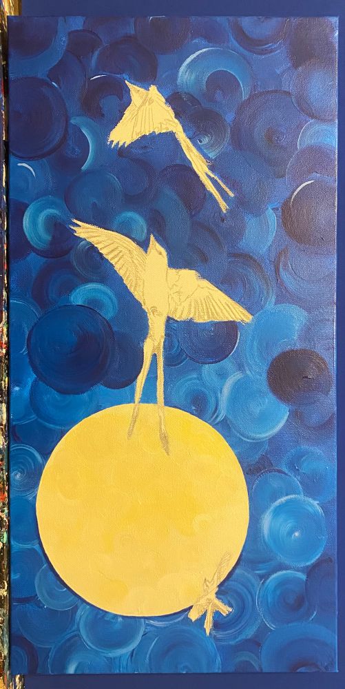 shows a rectangular canvas in the process of being painted. the background is swirling blue tones, with a large yellow-ish moon towards the bottom of the canvas. three unpainted scissor tailed fly catchers are sketched at varying points up the canvas. 