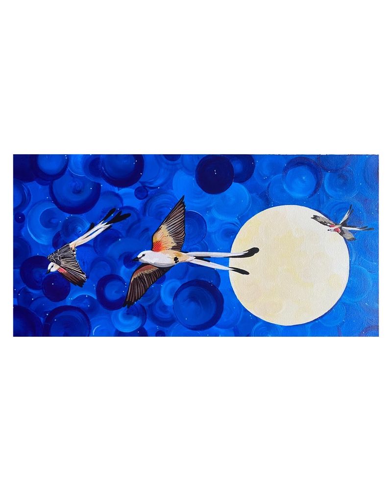 white bordered crop of a 12x24” painted canvas. background is swirling gradient blue circles. there is a full moon on the right end of the horizontal canvas. 3 scissor tailed fly catchers are flying in various positions across the canvas, in different sizes. the red/pink patches on their wings are beaded in matching colors. 