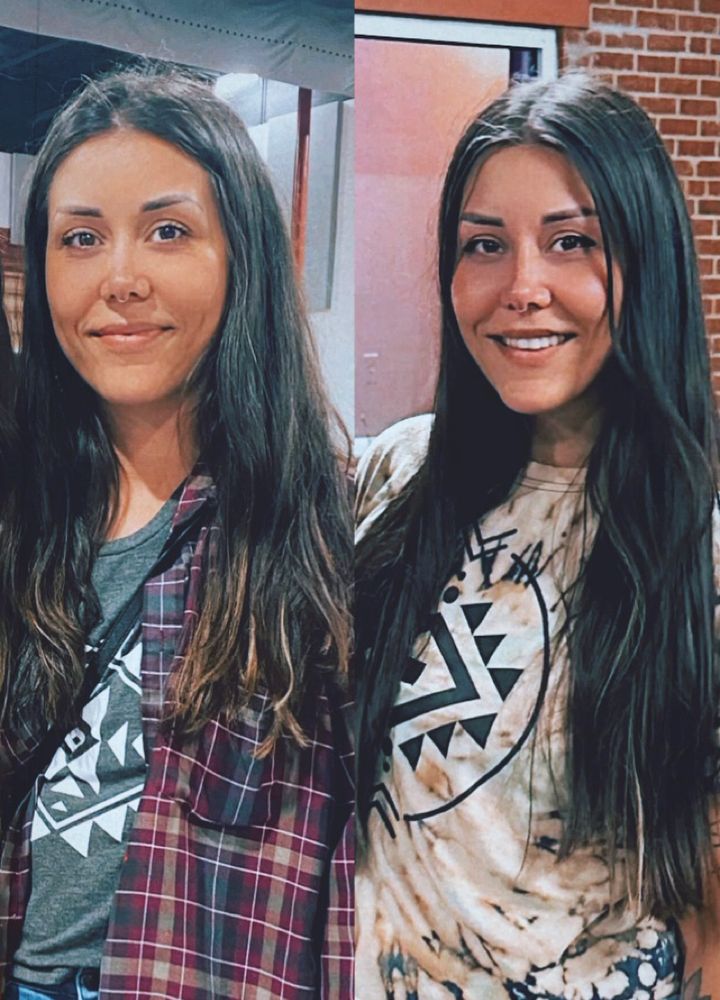 side by side cropped images of me. left side has slightly shorter hair and darker clothes. right hand side has straighter longer hair and light tie dye shirt. 