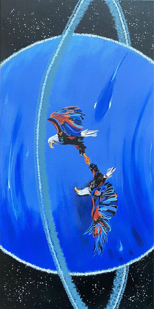 a rectangle oriented canvas painting. black background with white star specks. large,  vertical, blue Neptune in center of canvas. two eagles locked in a mating ritual in the center of Neptune. their feathers painted in shades of orange, blue, and black. 