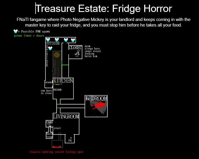 Treasure Estate: Fridge Horror
FNaTI fangame where Photo Negative Mickey is your landlord and keeps coming in with the master key to raid your fridge, and you must stop him before he takes all your food.
Below is a map of the location.