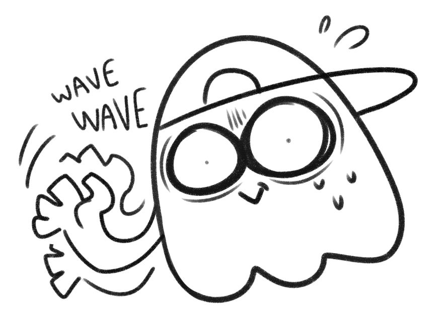 black and white sketch of my persona, a ghost with a hat, waving frantically and sweating nervously because my ass has been absent for a long time lol