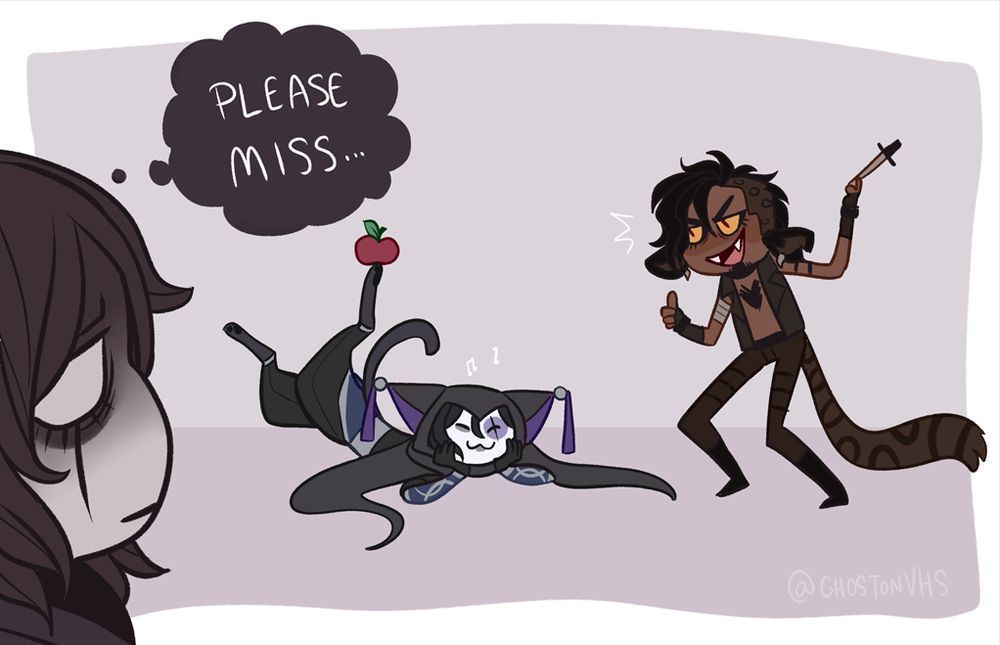doodle of three characters. one is a tabaxi clown, hes laying on the ground with his foot up high in the air with an apple perched atop his foot. another is a feline shifter who is holding a knife and giving a thumbs up, as if he's about to throw it. the third is a miserable looking tiefling in the foreground, thinking "please miss" to herself as she watches