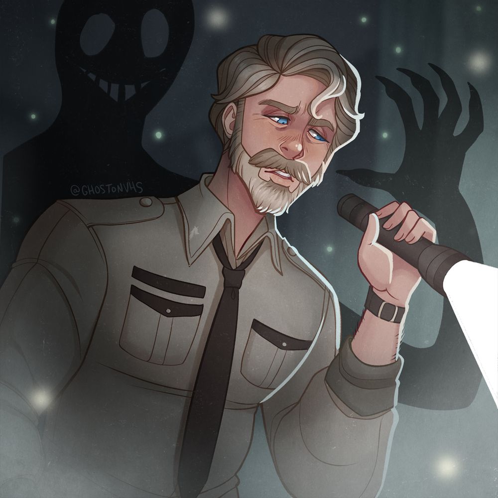 art of an older man in a park ranger uniform. he's holding a flashlight in the dark, surrounded by fireflies. behind him is a shadowy figure reaching out for him