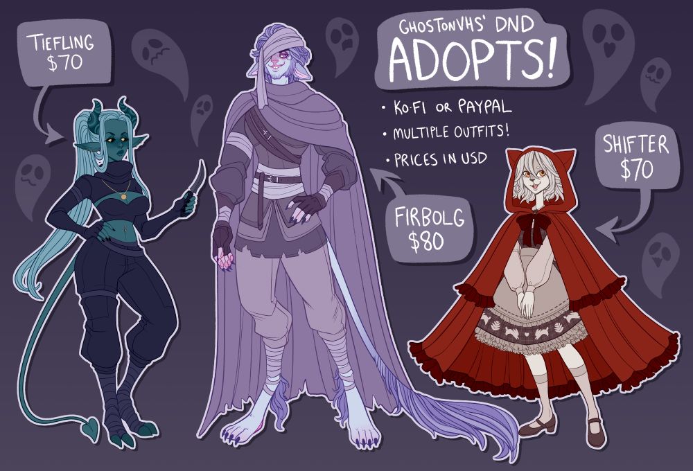 post showcasing three character designs for sale. a tiefling for $70 USD, a firbolg for $80 USD, and a red riding hood inspired wolf shifter for $70 USD